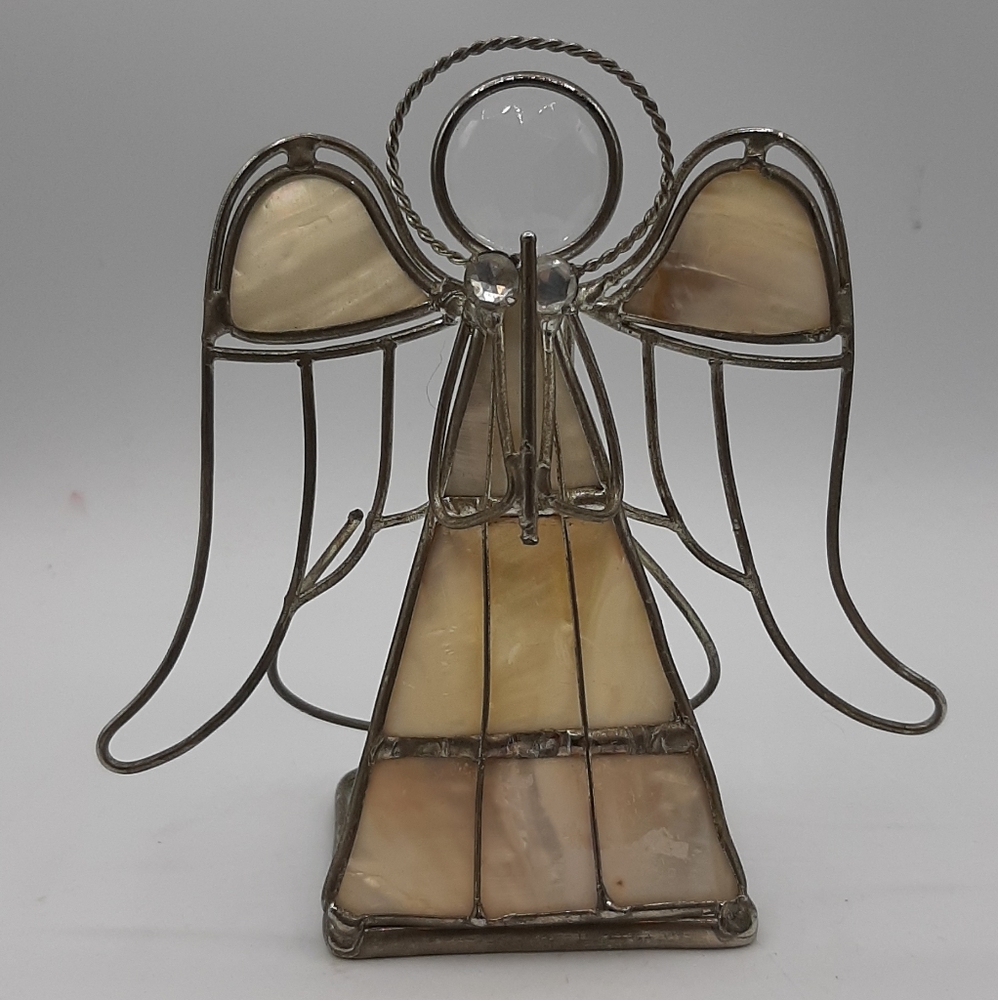 Vintage Mother of Pearl Stained Glass Angel Votive Candle Holder Tea Light